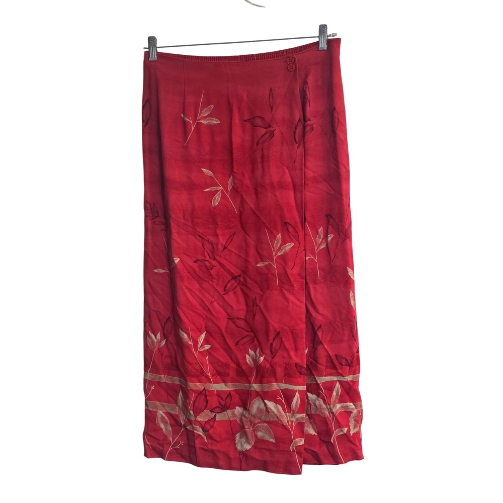 Alfred Dunner Red‎ Leaf Print Faux Wrap Maxi Skirt Womens 12 Rayon Elastic Waist